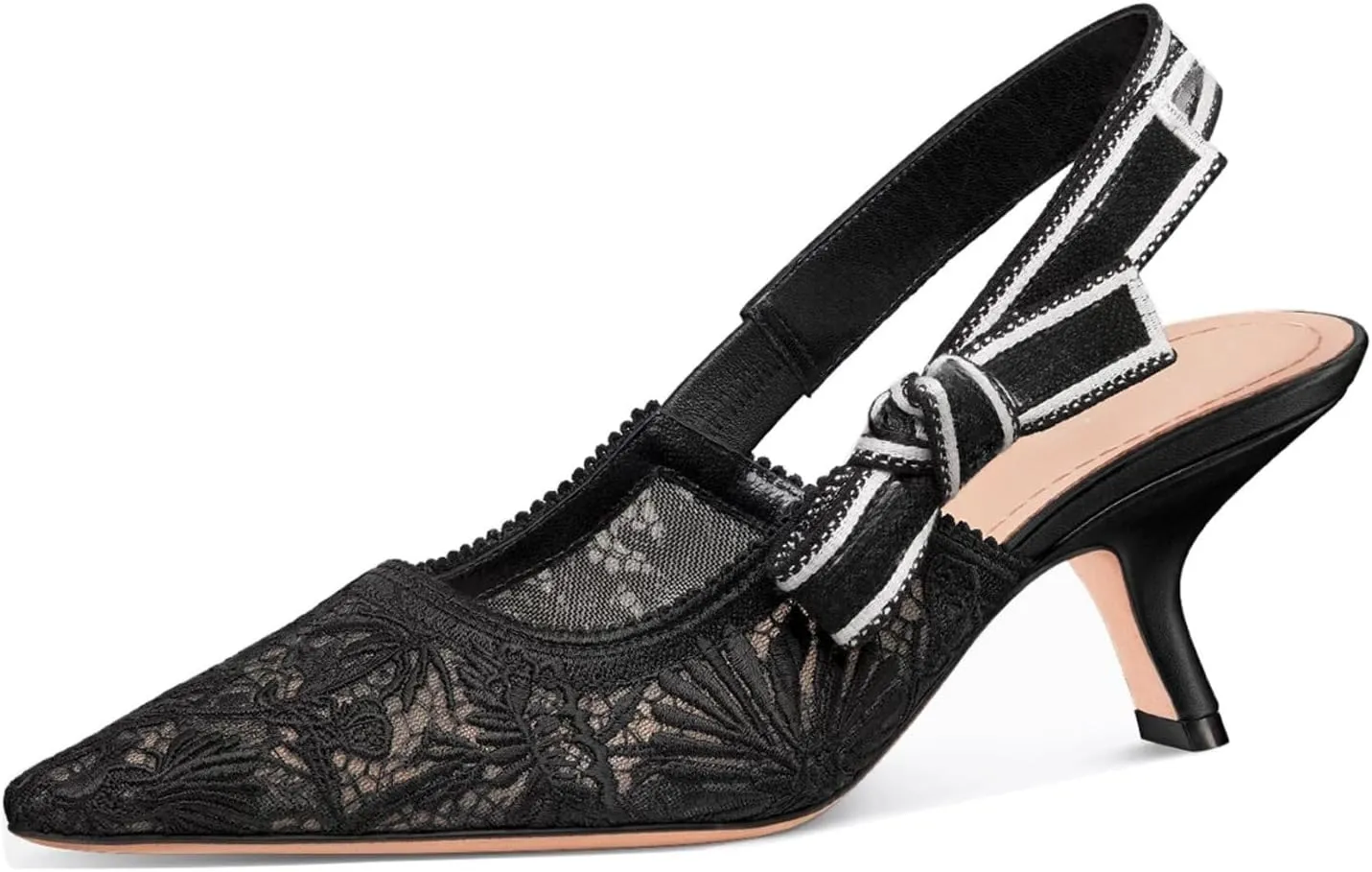 Goolita Pointed Closed Toe Embroidered Slingback Heels for Women, Bow Kitten Heels Mesh Pumps Backless Party Bridal Shoes for Wedding
