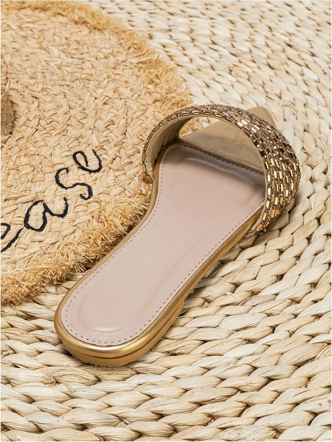 GORGLITTER Women's Rhinestone Sandals Sparkly Pointed Open Toe Dressy Summer Flat Sandals
