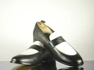 Handmade Mens Black White Leather Penny Loafers, Men Designer Dress Fashion Shoe