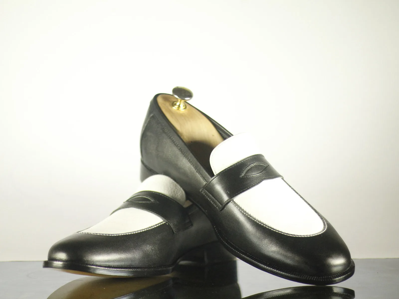Handmade Mens Black White Leather Penny Loafers, Men Designer Dress Fashion Shoe