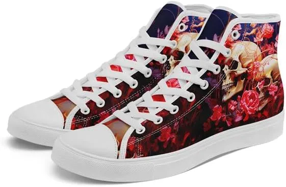 High-top Skull Canvas Sneaker for Men Women Lace up Fashion Unisex Flame Walking Casual Flat Shoes Black White Shoes