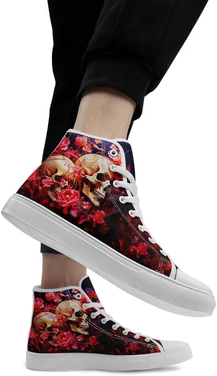 High-top Skull Canvas Sneaker for Men Women Lace up Fashion Unisex Flame Walking Casual Flat Shoes Black White Shoes
