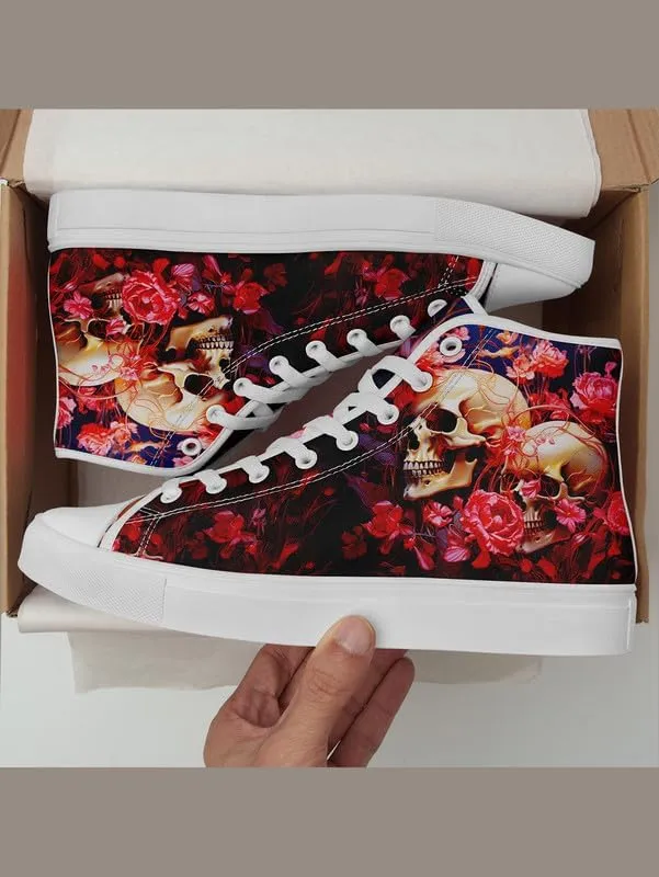 High-top Skull Canvas Sneaker for Men Women Lace up Fashion Unisex Flame Walking Casual Flat Shoes Black White Shoes