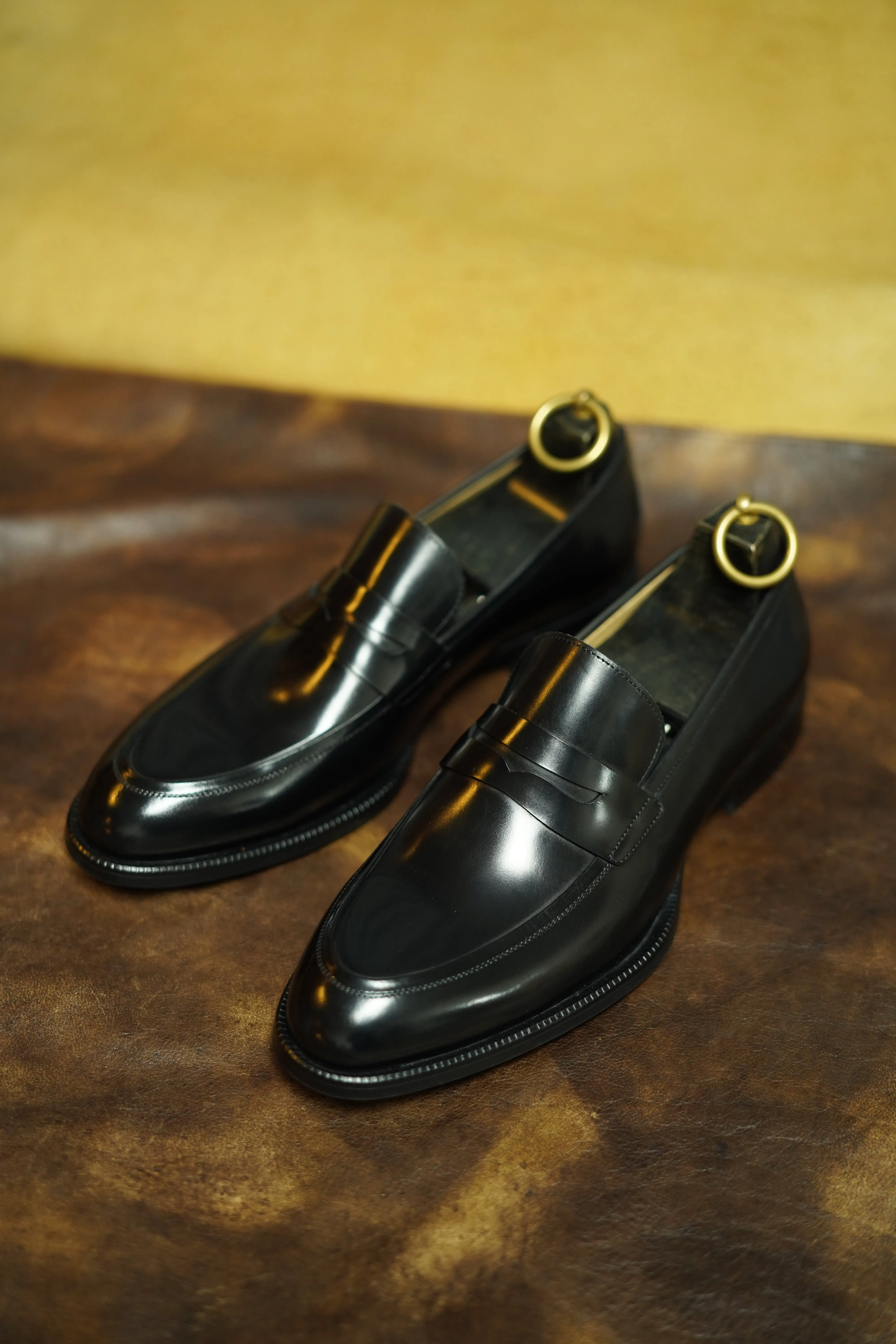 HolloShoe Hand-Burnished Black Penny Loafers