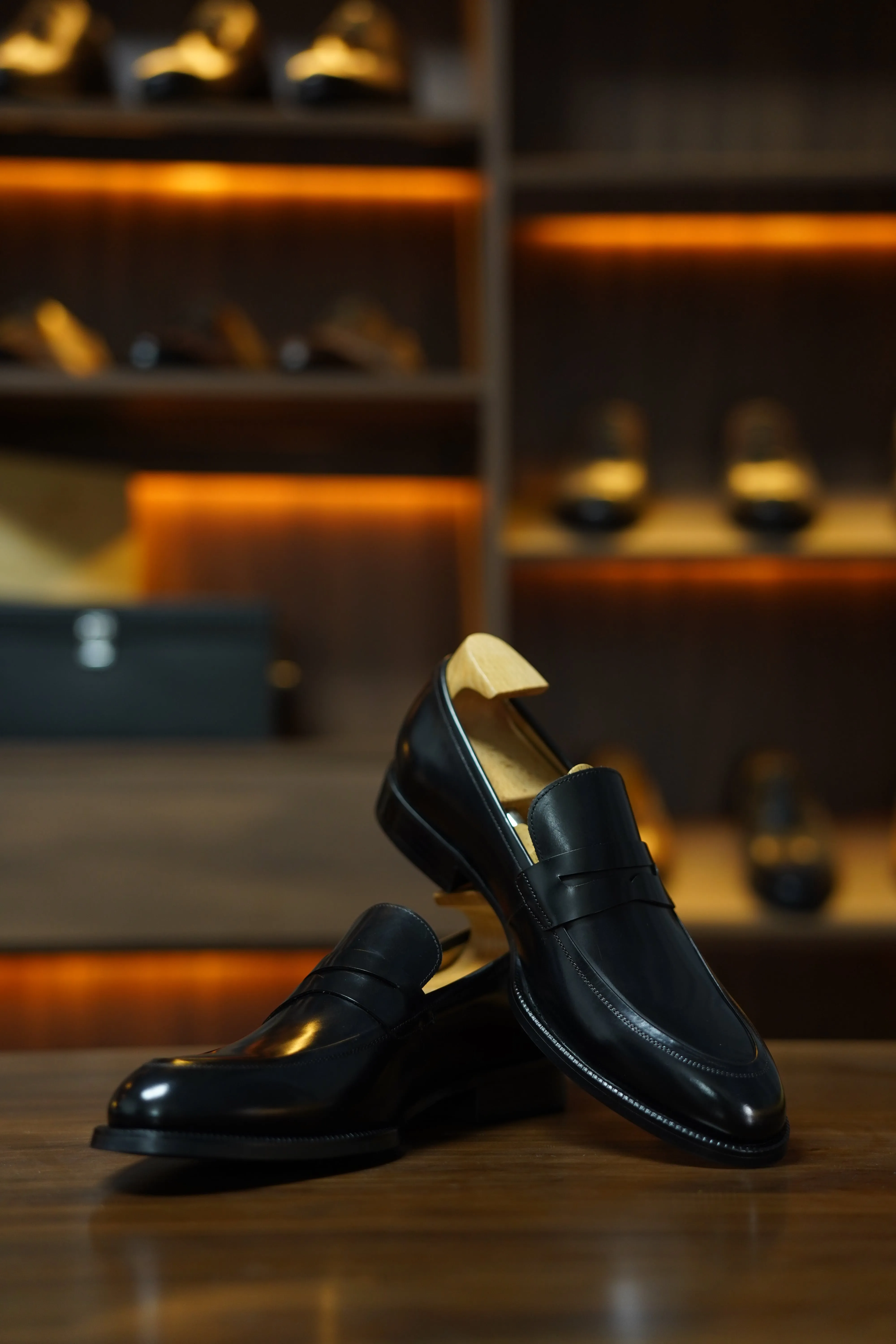 HolloShoe Hand-Burnished Black Penny Loafers