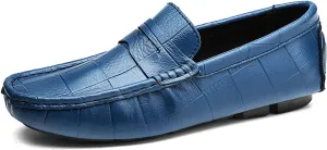 HOOENG Driving Moccasins for Men Round Toe Faux Crocodile Leather Penny Loafer Soft Comfortable Flexible Flat Heel Driving Slip on (Color : Blue, Size : 7.5 M US)