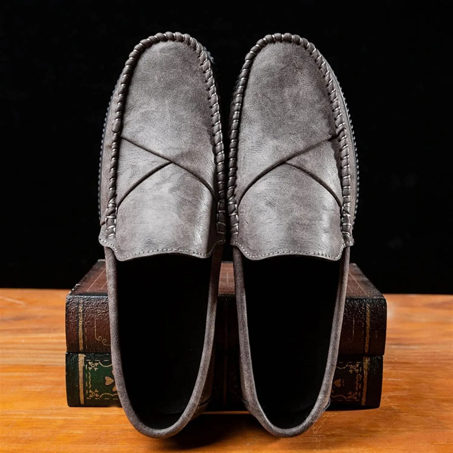 HOOENG Loafer Shoes Driving Moccasins for Men Vegan Leather Stitching Details Round Toe Anti-Slip Lightweight Flat Heel Resistant Walking Slip on