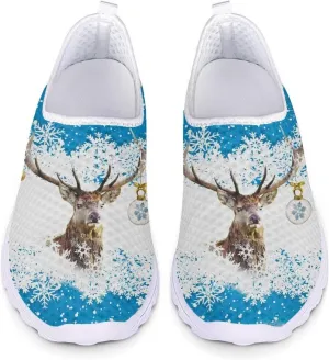 HUIACONG Christmas Women Tennis Shoes Reindeer Snowflake Slip On Trainers for Ladies Lightweight Mesh Sneakers for Unisex Youth Loafers Daily Walking Yoga Leisure Trainers Size 11