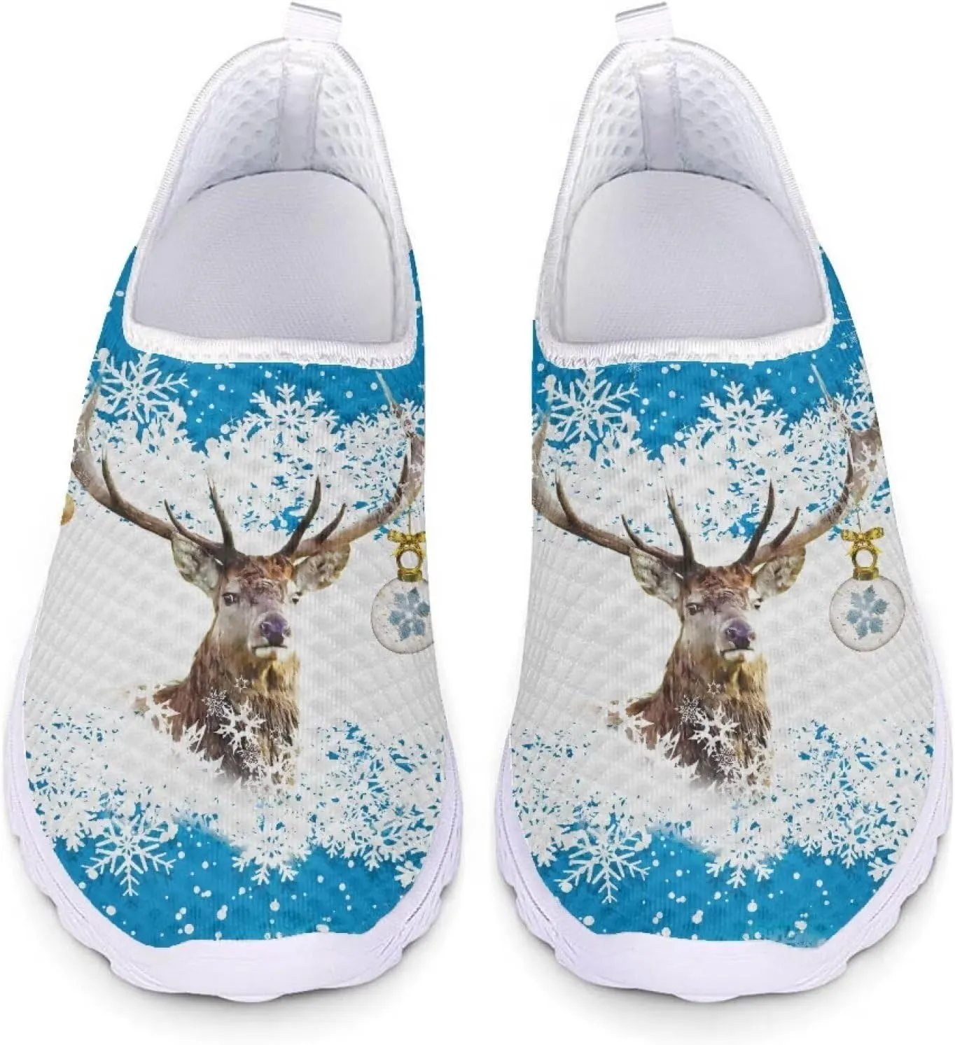 HUIACONG Christmas Women Tennis Shoes Reindeer Snowflake Slip On Trainers for Ladies Lightweight Mesh Sneakers for Unisex Youth Loafers Daily Walking Yoga Leisure Trainers Size 11