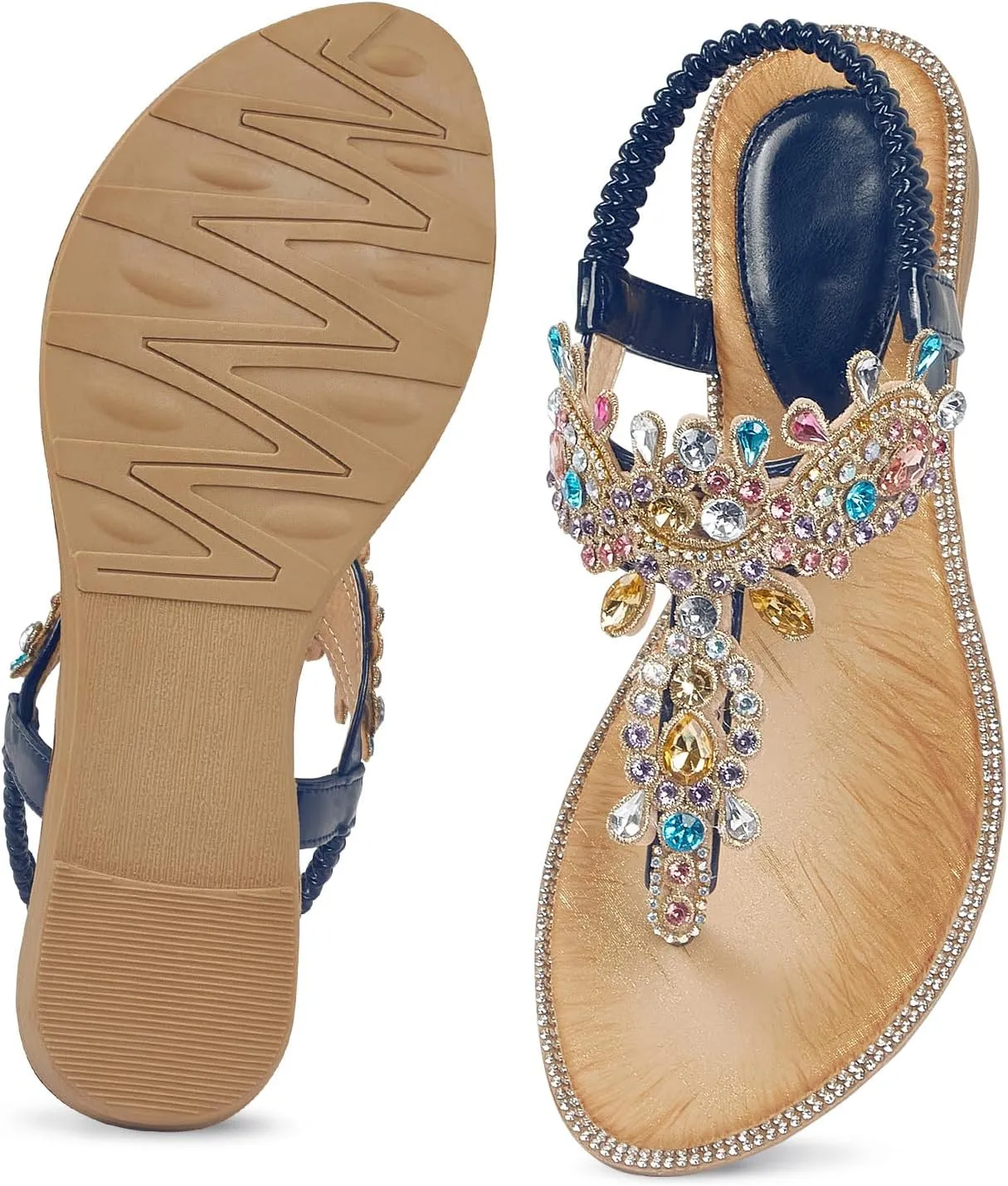 iCKER Women Rhinestone Sandals T-Strap Buckle Bohemian Pearl Crystal Flat Sandals
