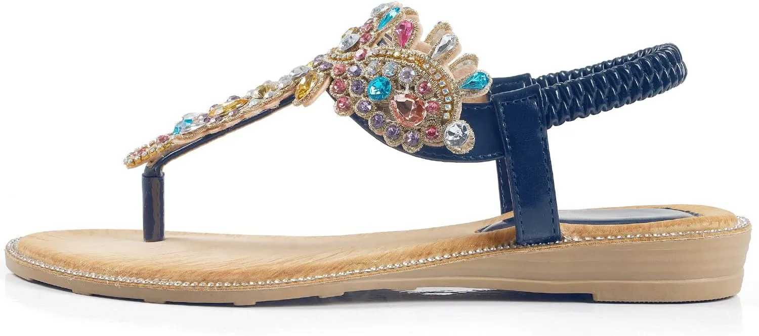 iCKER Women Rhinestone Sandals T-Strap Buckle Bohemian Pearl Crystal Flat Sandals