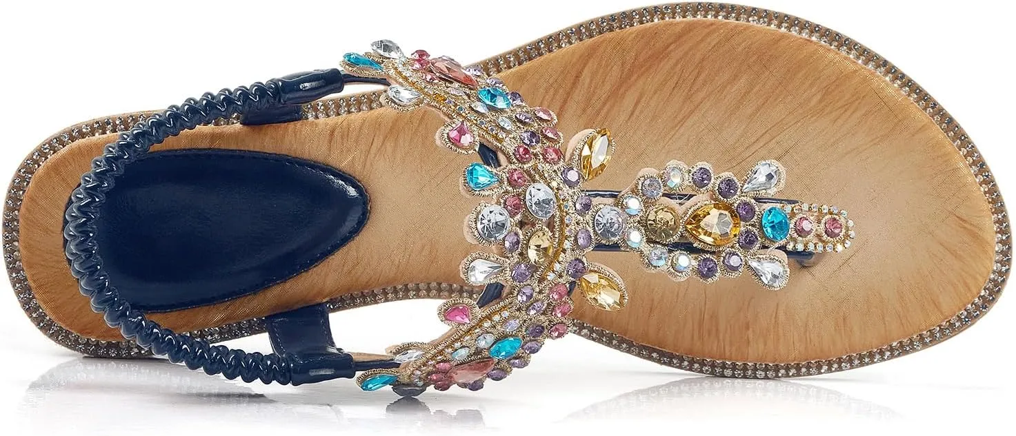 iCKER Women Rhinestone Sandals T-Strap Buckle Bohemian Pearl Crystal Flat Sandals