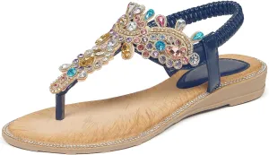 iCKER Women Rhinestone Sandals T-Strap Buckle Bohemian Pearl Crystal Flat Sandals