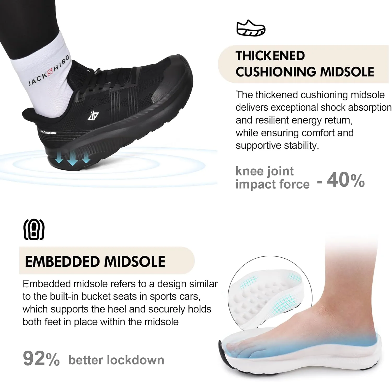 JACKSHIBO Mens Wide Toe Box Slip in Hands Free Shoes,Slip on Arch Support Wide Sneakers,Thick Cushioning Stability Running Orthopedic Zero Drop SoleWalking Sneakers