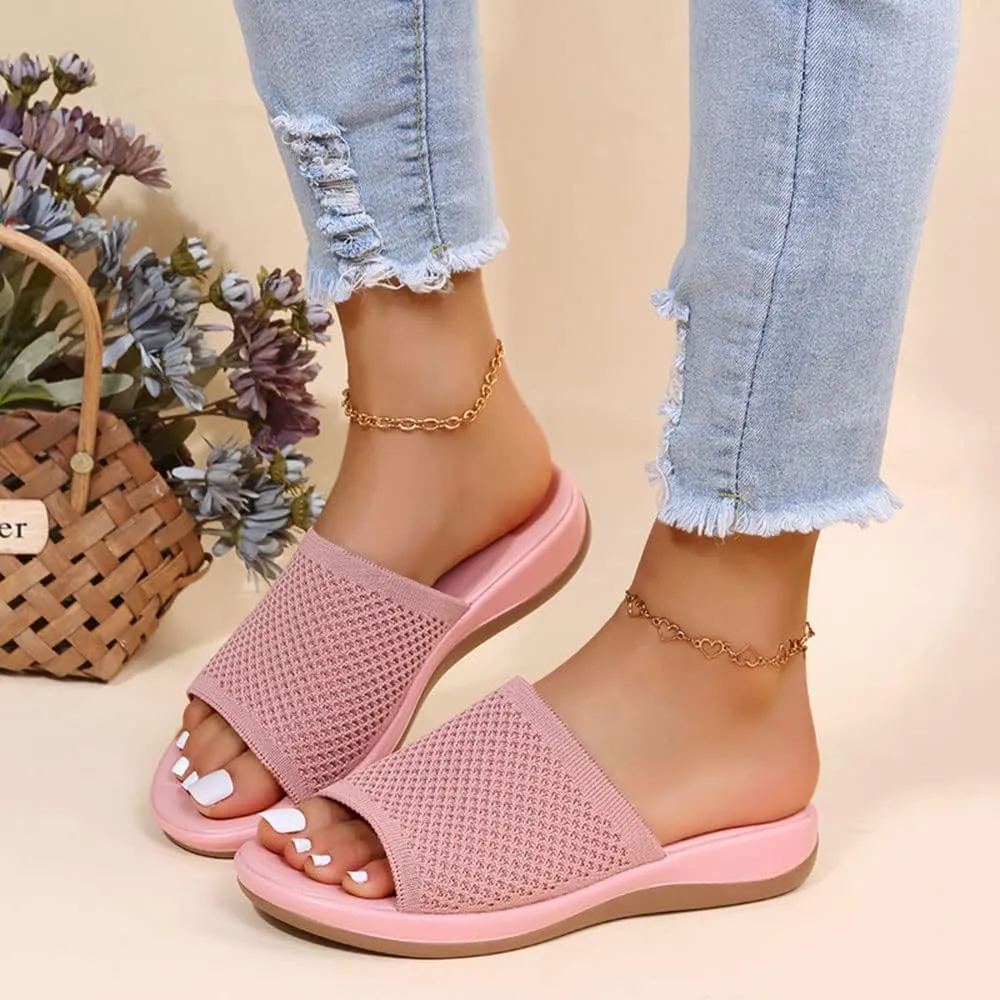 JITUUE Women's Mesh Synthetic Leather Open Toe Platform Slippers Cushioned Sole Flat Sandals