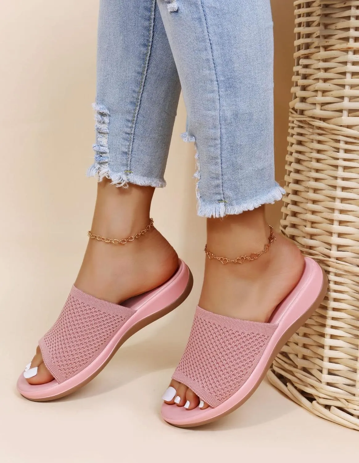 JITUUE Women's Mesh Synthetic Leather Open Toe Platform Slippers Cushioned Sole Flat Sandals