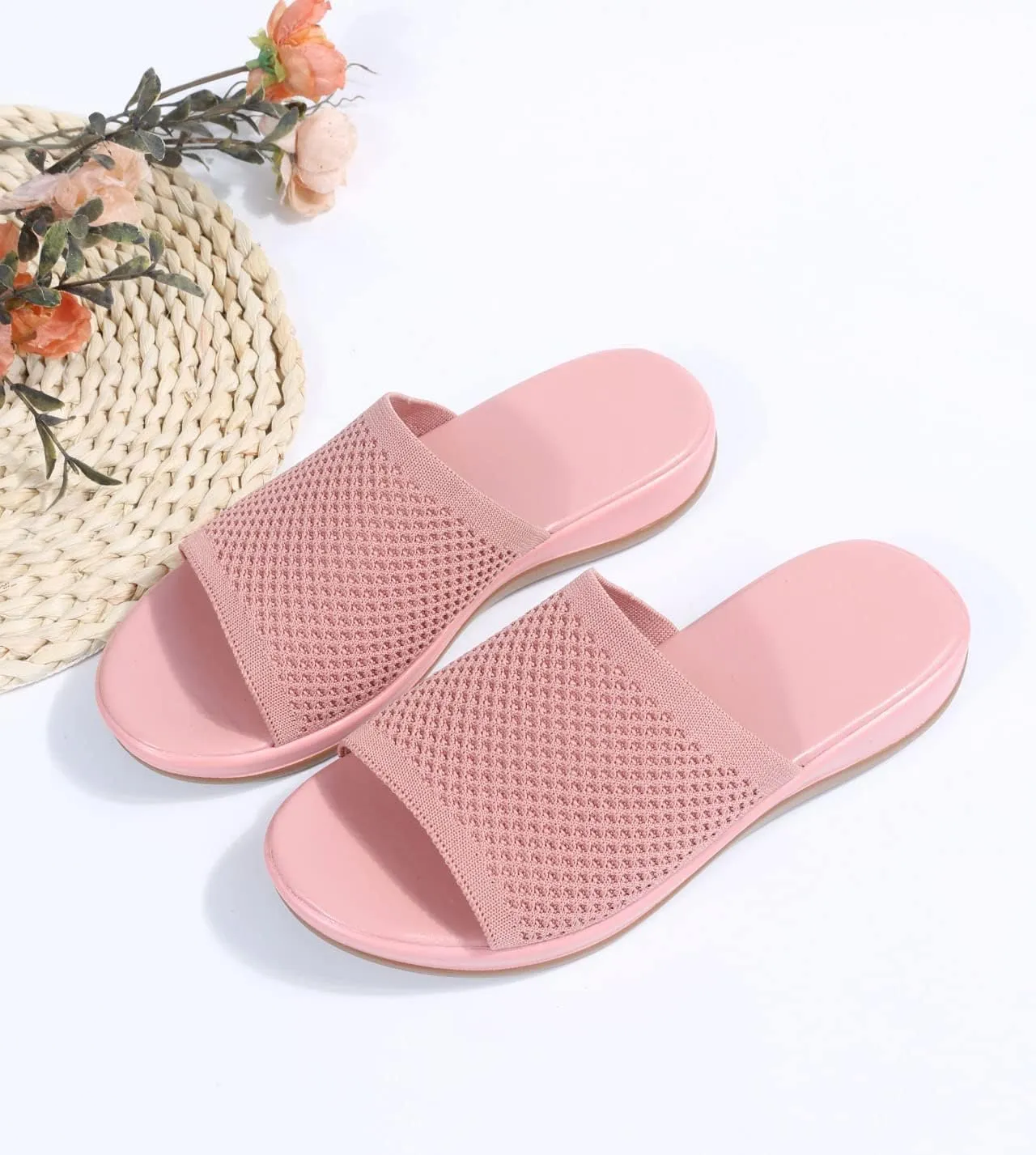 JITUUE Women's Mesh Synthetic Leather Open Toe Platform Slippers Cushioned Sole Flat Sandals