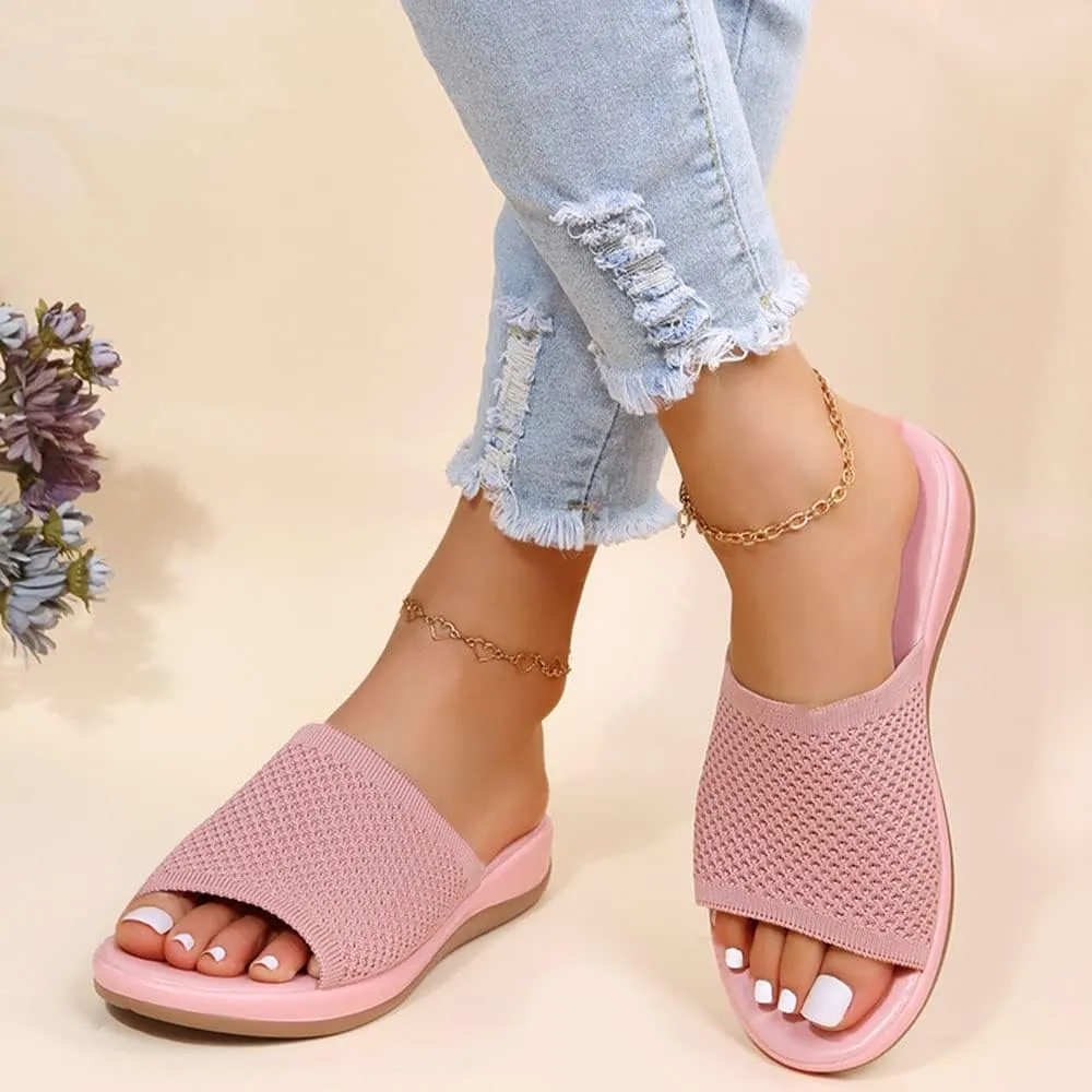 JITUUE Women's Mesh Synthetic Leather Open Toe Platform Slippers Cushioned Sole Flat Sandals