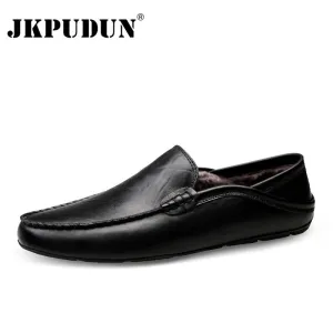 JKPUDUN Italian Mens Shoes Casual Luxury Brand Winter Warm Men Loafers Genuine Leather Moccasins Breathable Slip on Boat Shoes