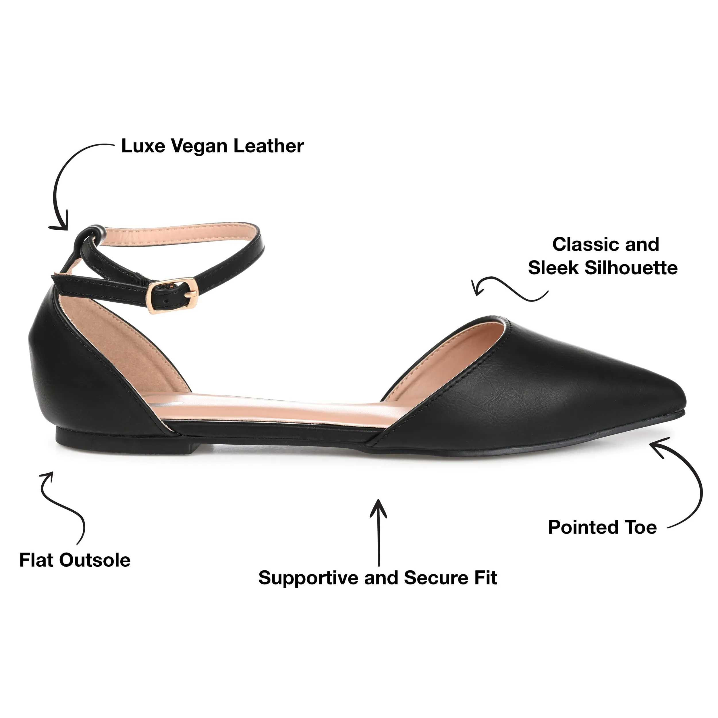 Journee Collection Womens Reba Ballet Flat with Dainty Ankle Strap and Pointed Toe, Black, 9