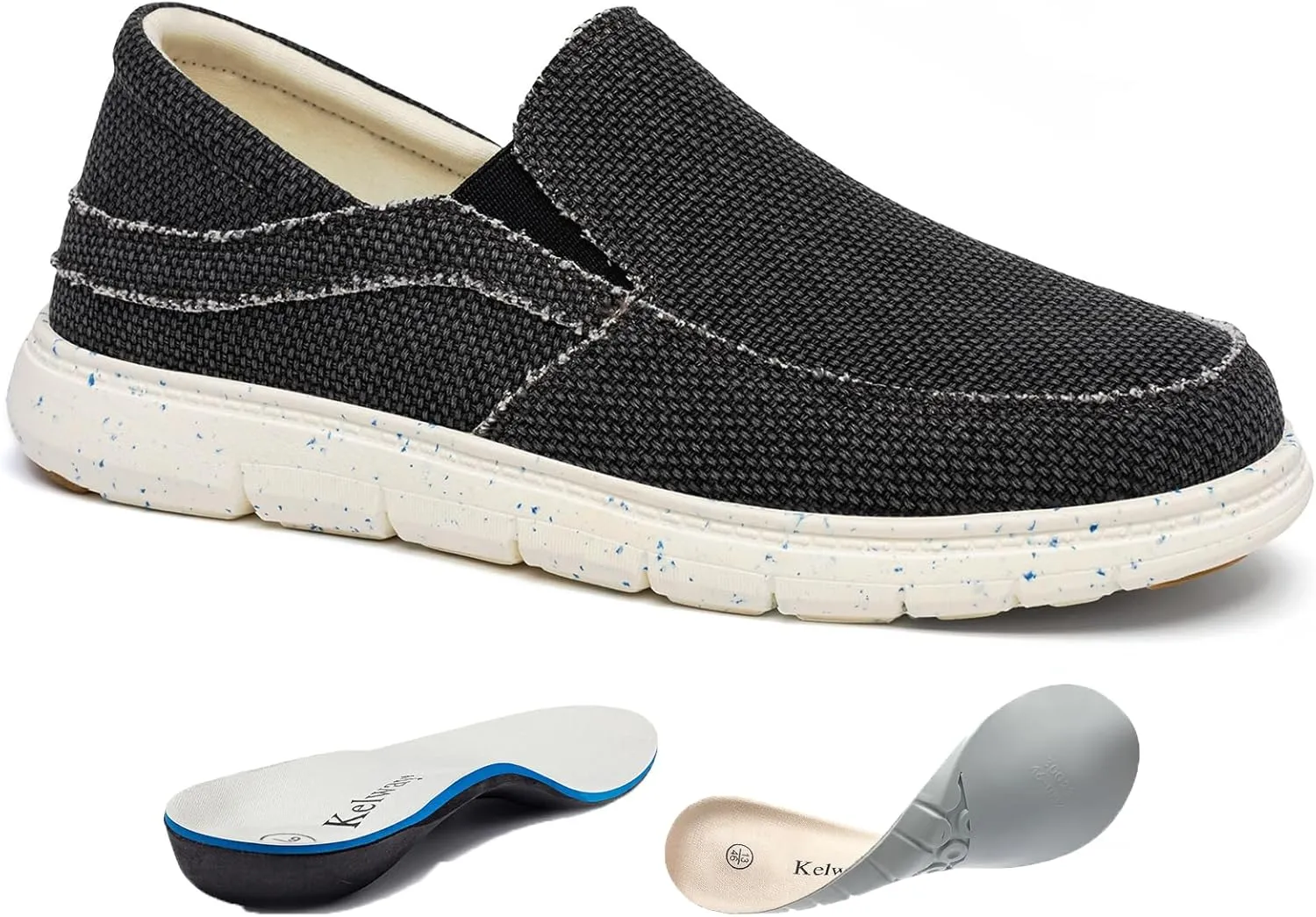 Kelway Mens Slip On Shoes with 2 Pairs of Insoles, Arch Support Loafers Orthopedic Casual Boat Shoes/Recycled Outsole/Non-Slip/Breathable/Wide Toe Box