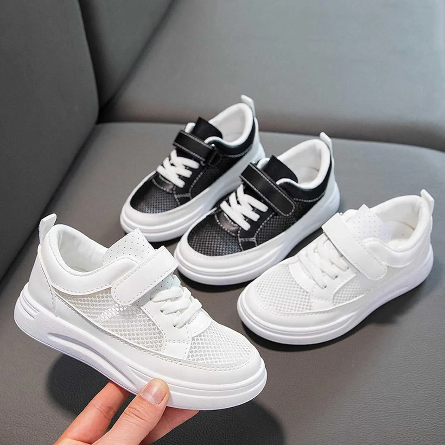 Kids Mesh Breathable Sneakers Hook Loop Lace Ankle Running Casual Non Slip Sport Shoes Youth Childrens Lightweight