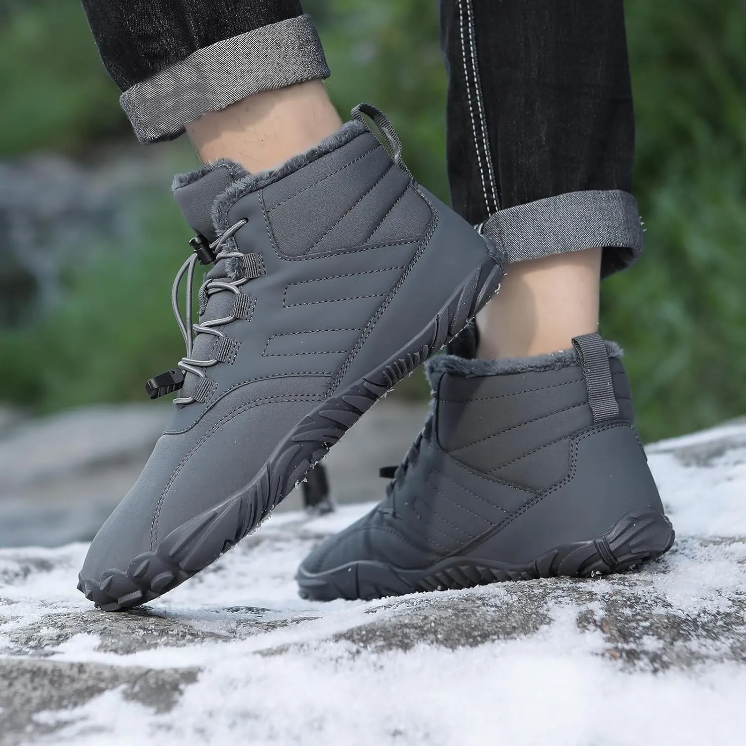 Kubbon Women's Winter Snow Boots,Soft Cozy Fur Lined Adjustable Slip-on Non Slip Booties Wide Toe Box Zero Drop Ankle Booties，Waterproof Outdoor Hiking Sneakers