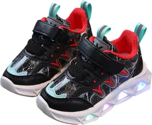 Little Girls Boys Sneakers LED Charged Breathable Soft Sole Strap Collision Color Smooth Reflective Sport Shoes