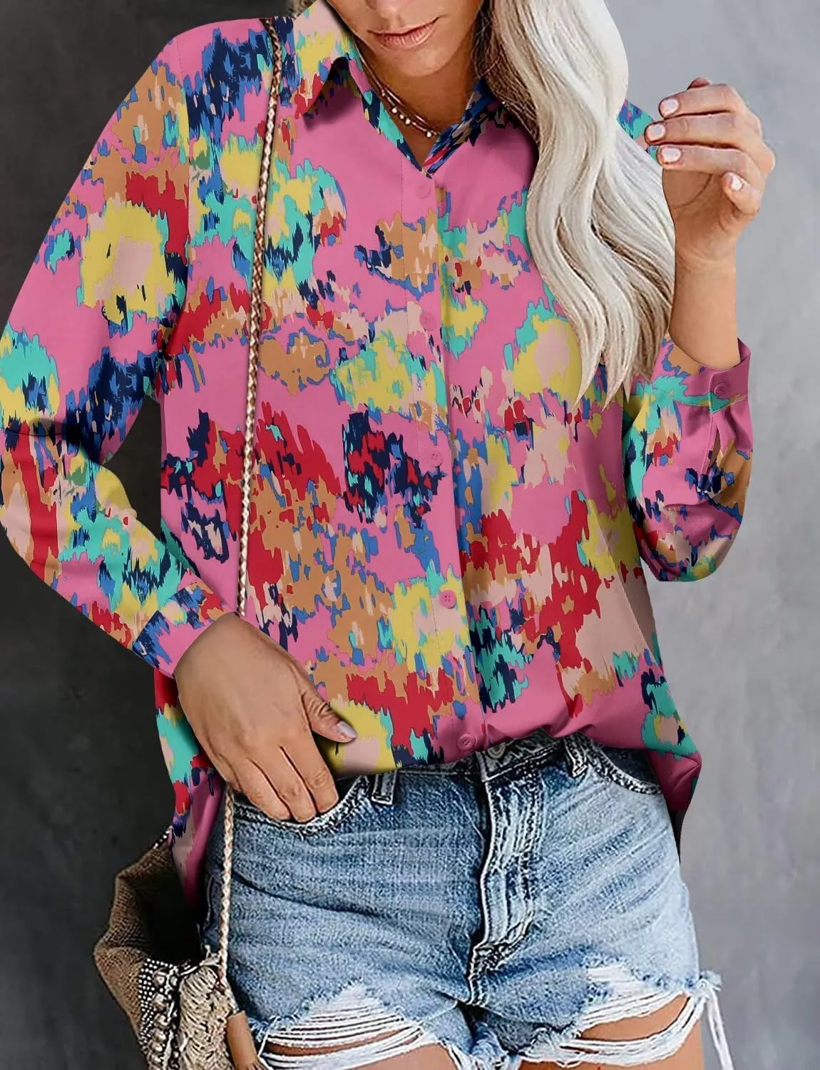 Magritta Women's Shirts Fashion Casual Loose Fit Long Sleeve Button Down Lightweight Collared Blouse Tops