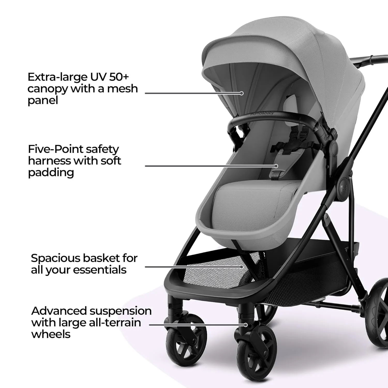 MAMA & BABY Rovee Bassinet Baby Stroller, 2-in-1 Foldable Infant Stroller with Reversible Seat, UPF 50  Canopy, All-Terrain Wheels for On-The-Go Families