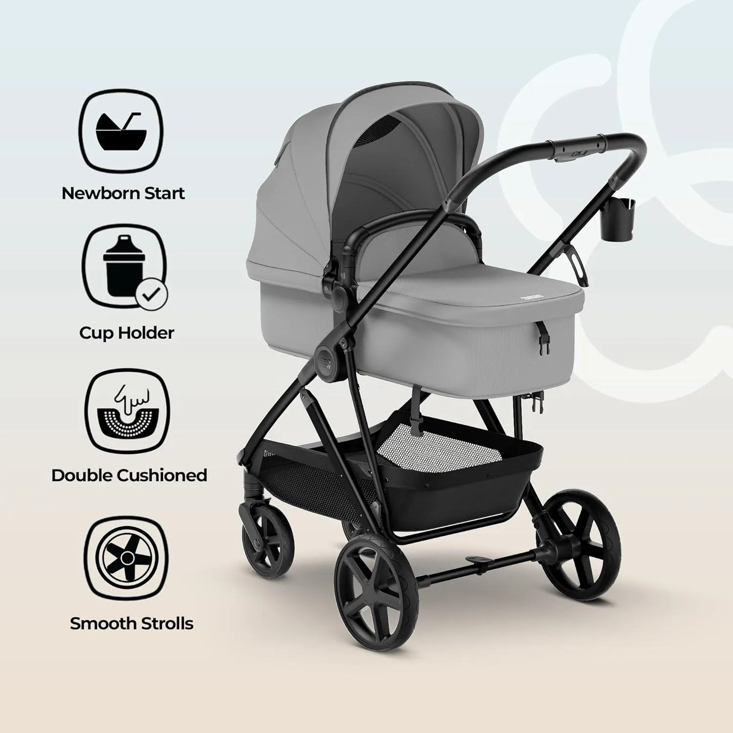 MAMA & BABY Rovee Bassinet Baby Stroller, 2-in-1 Foldable Infant Stroller with Reversible Seat, UPF 50  Canopy, All-Terrain Wheels for On-The-Go Families