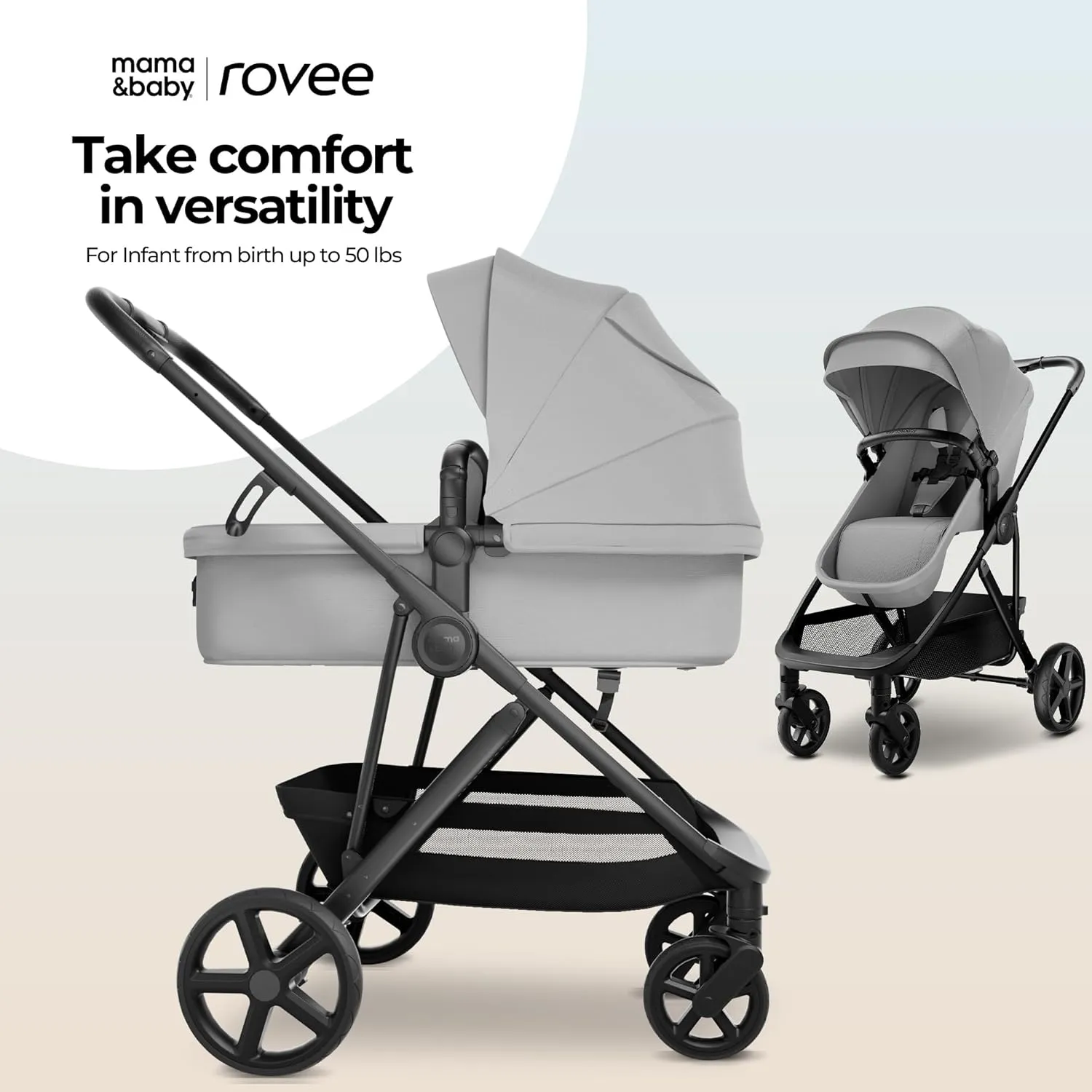 MAMA & BABY Rovee Bassinet Baby Stroller, 2-in-1 Foldable Infant Stroller with Reversible Seat, UPF 50  Canopy, All-Terrain Wheels for On-The-Go Families