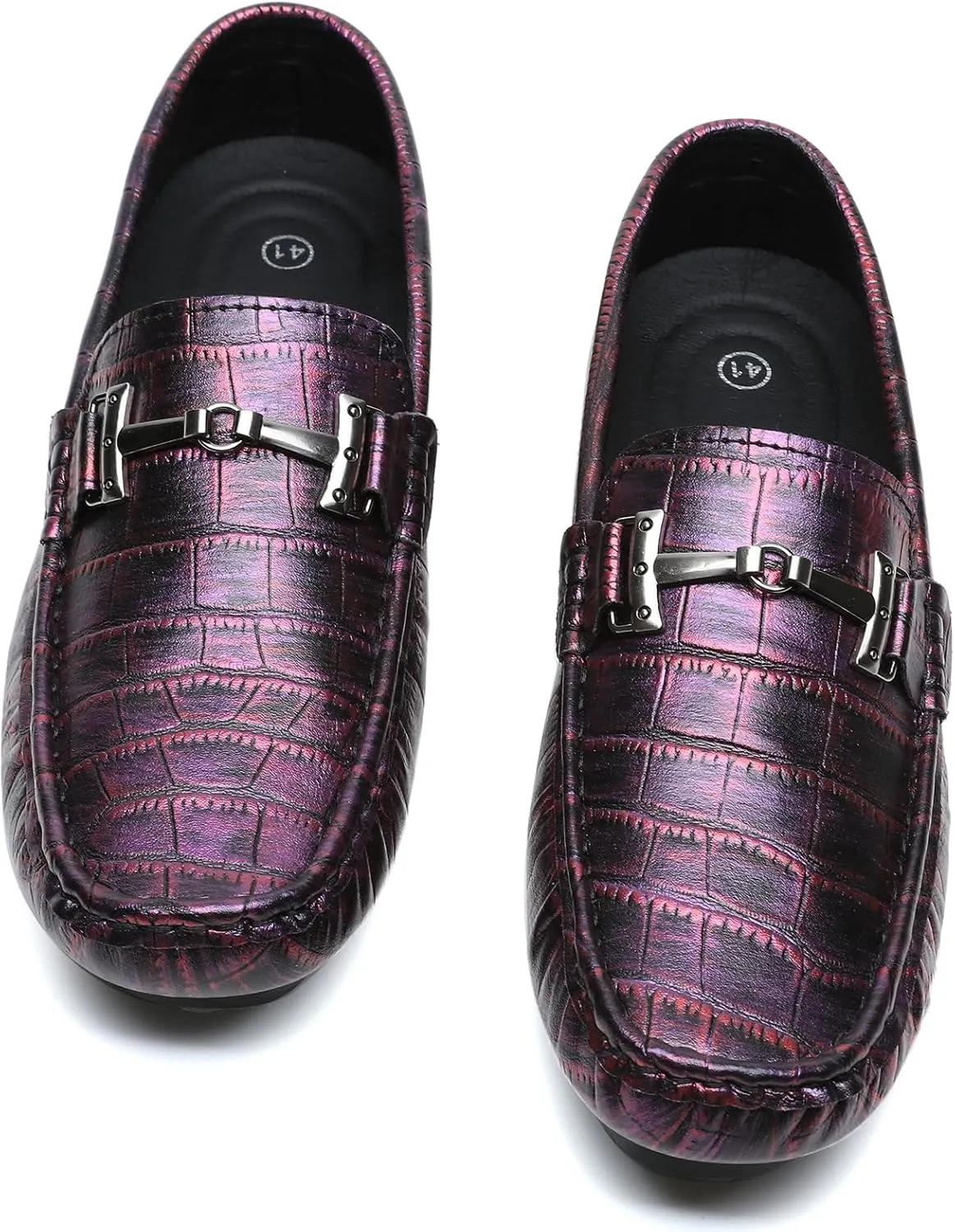 Men's Driving Loafers Casual Penny Loafers Metallic Leather Crocodile Pattern Slip-On Moccasins with Metal Buckle Soft Work Boat Shoes