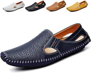 Men's Driving Shoes Leather Fashion Slipper Casual Slip on Loafers Shoes in Summer Blue Size: 8 UK