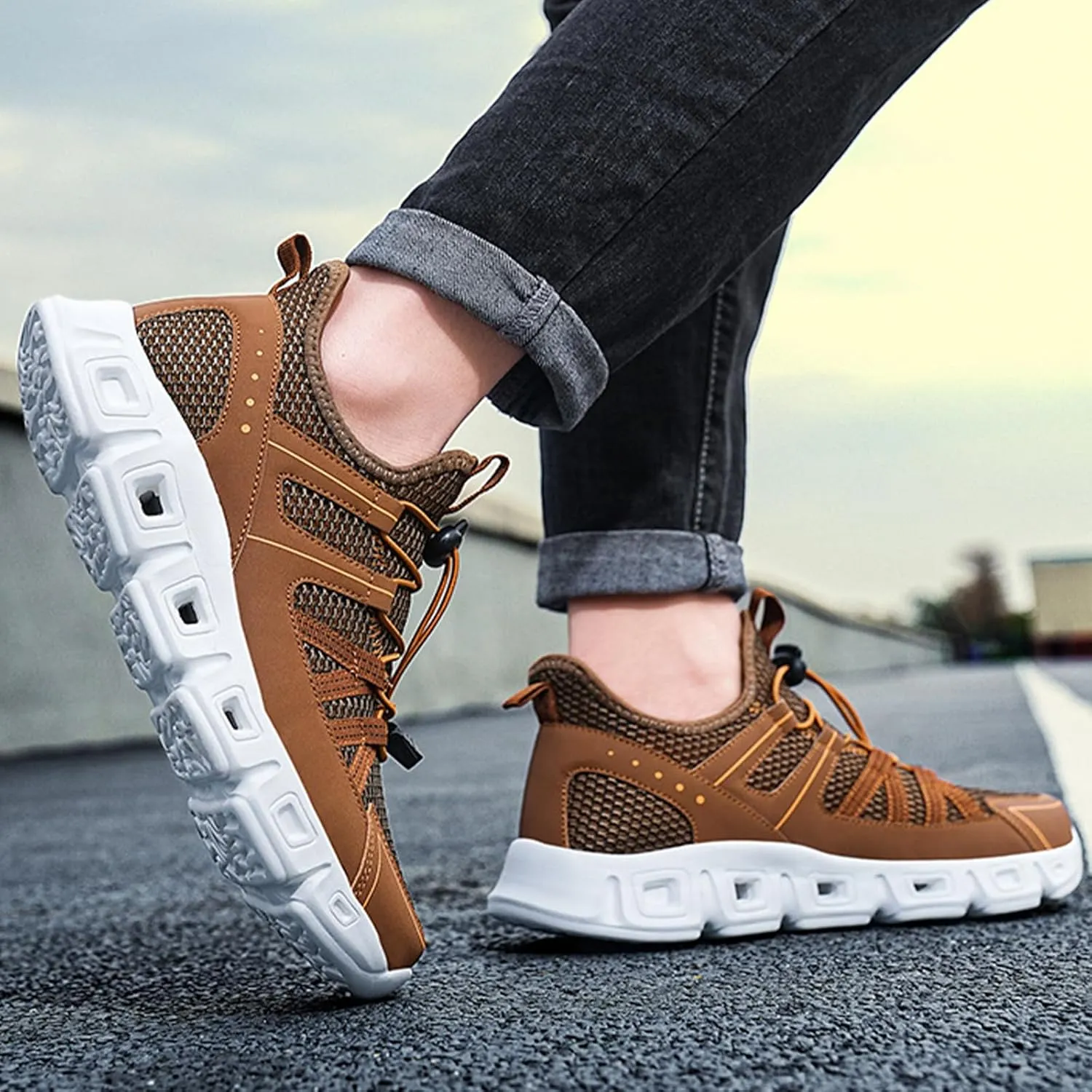 Men's Elastic Band Trail Running Shoes,Comfortable Breathable Mesh Soft Sole Convex Anti-Slip Jogging Training Shoes Fashion Platform Lightweight Outdoor Mountaineering Sneakers