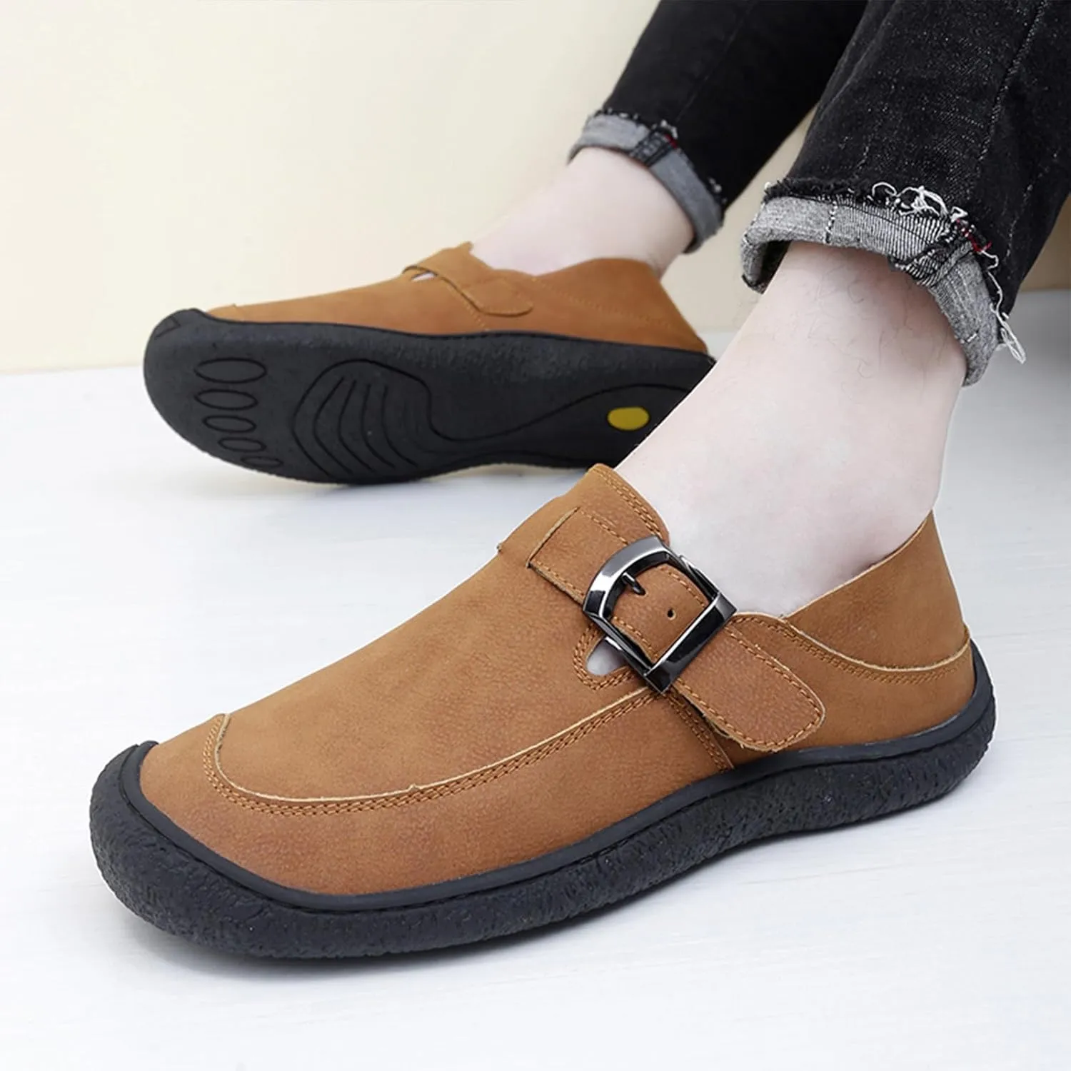 Men's Genuine Leather Casual Penny Loafers Fashion Buckle Round Toe Comfortable Soft Bottom Handmade Driving Loafers Slip On Lightweight Dress Shoes