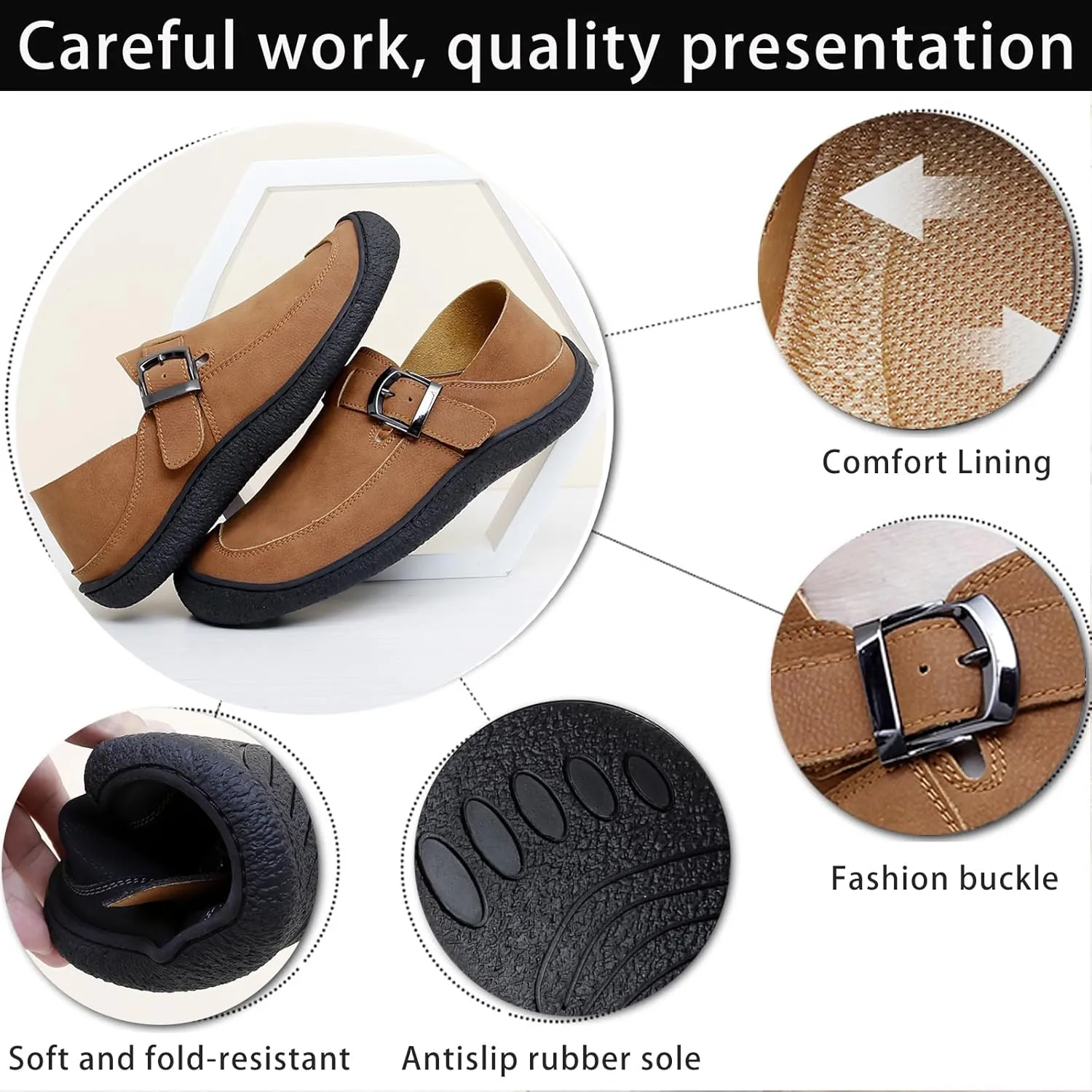 Men's Genuine Leather Casual Penny Loafers Fashion Buckle Round Toe Comfortable Soft Bottom Handmade Driving Loafers Slip On Lightweight Dress Shoes