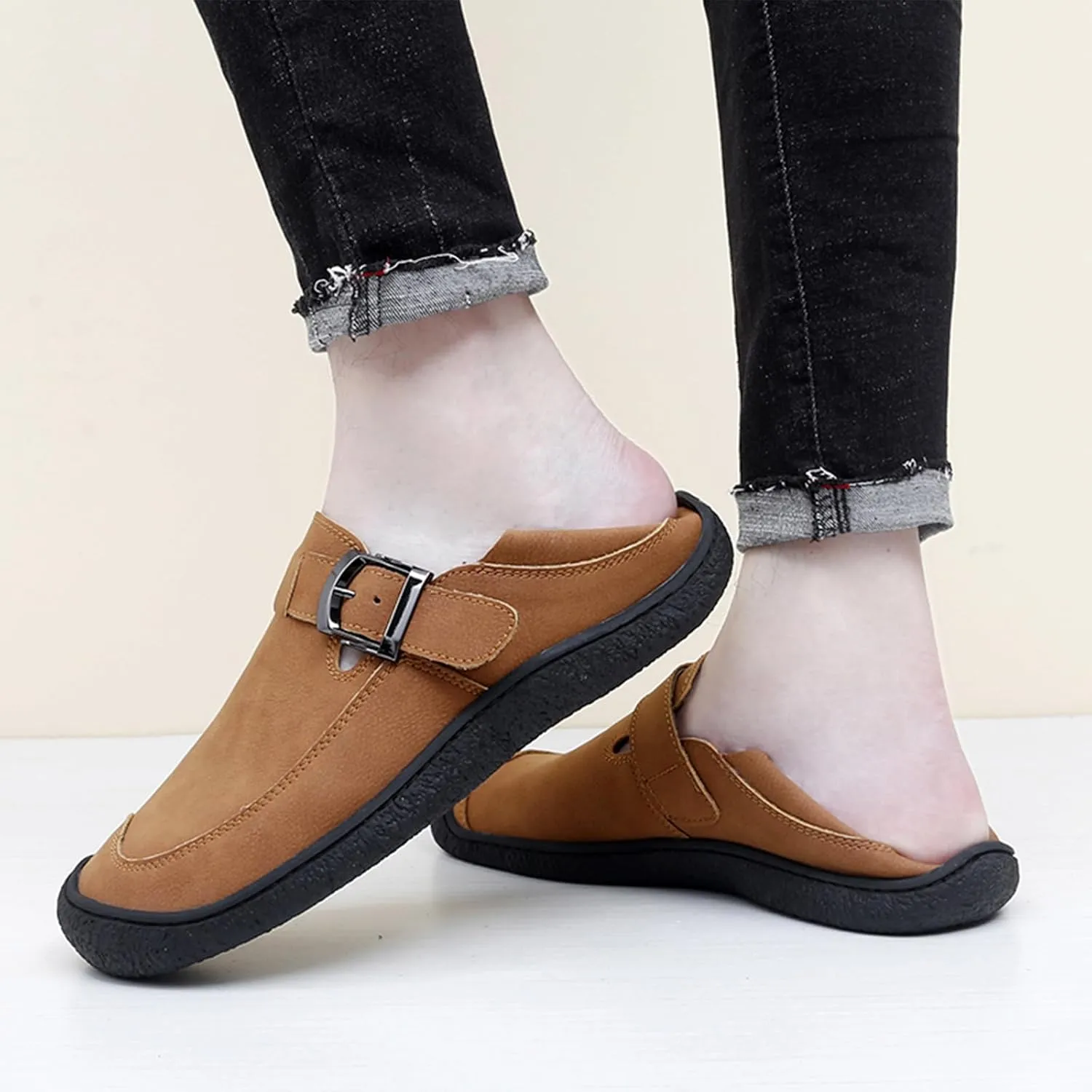 Men's Genuine Leather Casual Penny Loafers Fashion Buckle Round Toe Comfortable Soft Bottom Handmade Driving Loafers Slip On Lightweight Dress Shoes
