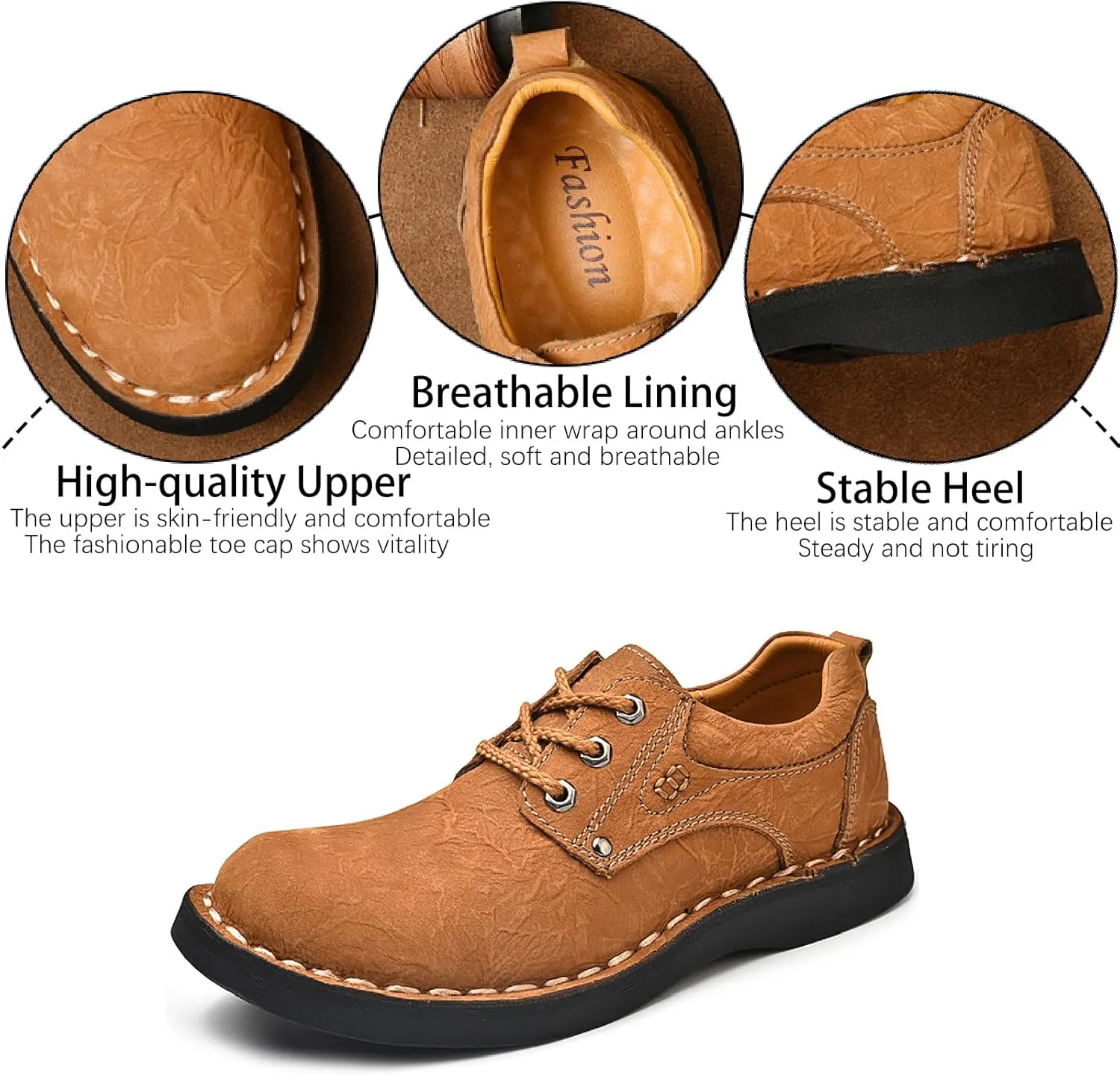 Men's Genuine Leather Lace-Up Loafers Hand Stitching Retro Comfortable Round Toe Anti-Slip Soft Bottom Casual Sneakers for Driving Working Walking Shoes