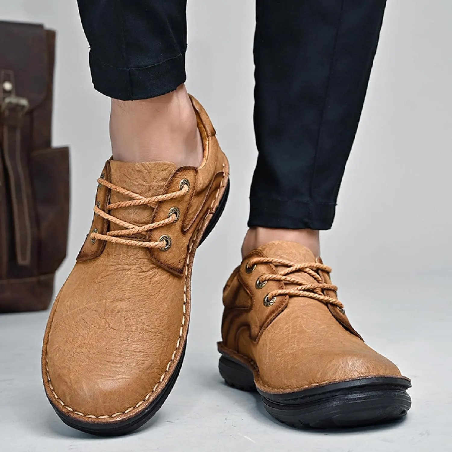 Men's Genuine Leather Lace-Up Loafers Hand Stitching Retro Comfortable Round Toe Anti-Slip Soft Bottom Casual Sneakers for Driving Working Walking Shoes