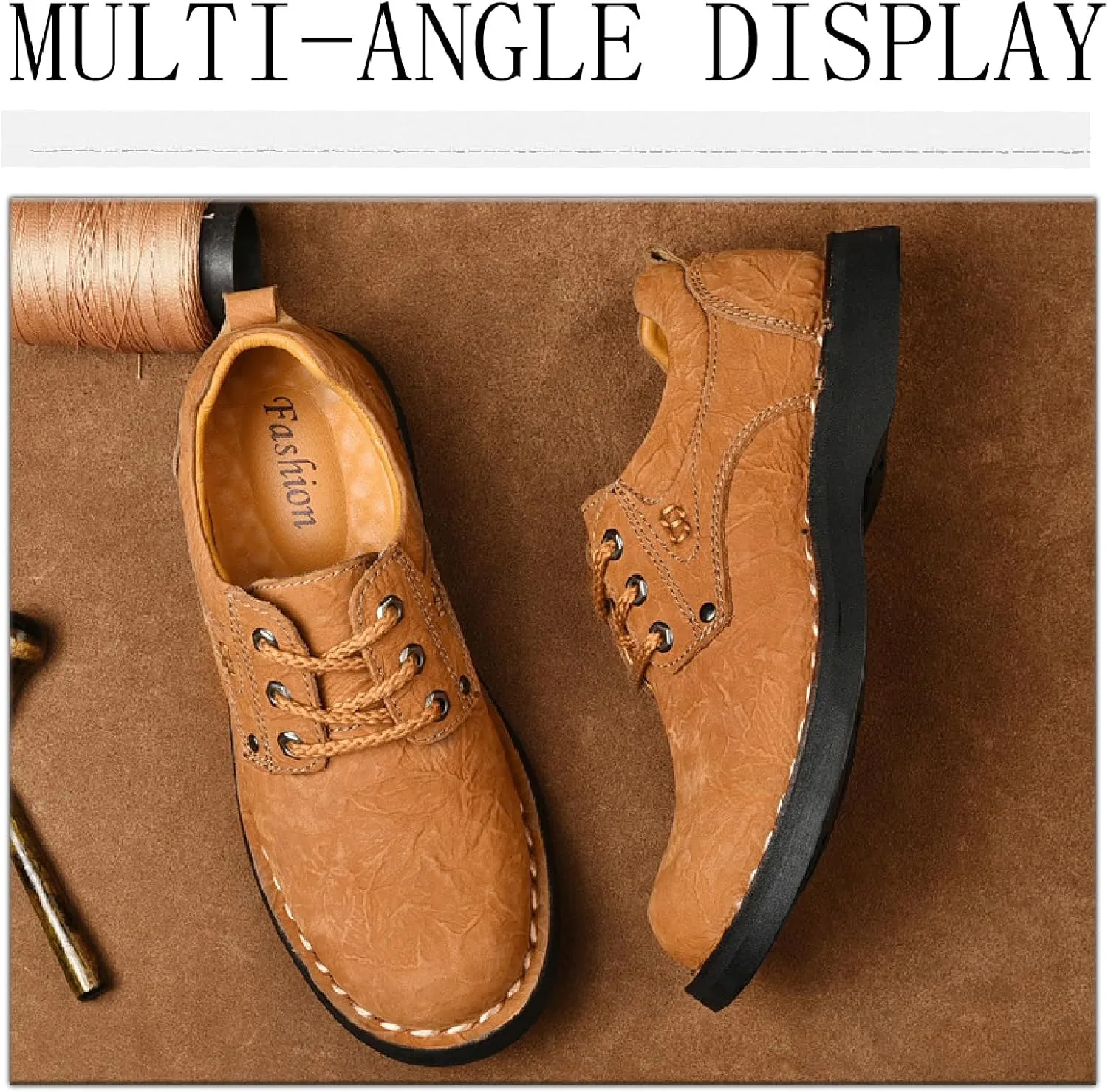 Men's Genuine Leather Lace-Up Loafers Hand Stitching Retro Comfortable Round Toe Anti-Slip Soft Bottom Casual Sneakers for Driving Working Walking Shoes