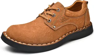 Men's Genuine Leather Lace-Up Loafers Hand Stitching Retro Comfortable Round Toe Anti-Slip Soft Bottom Casual Sneakers for Driving Working Walking Shoes
