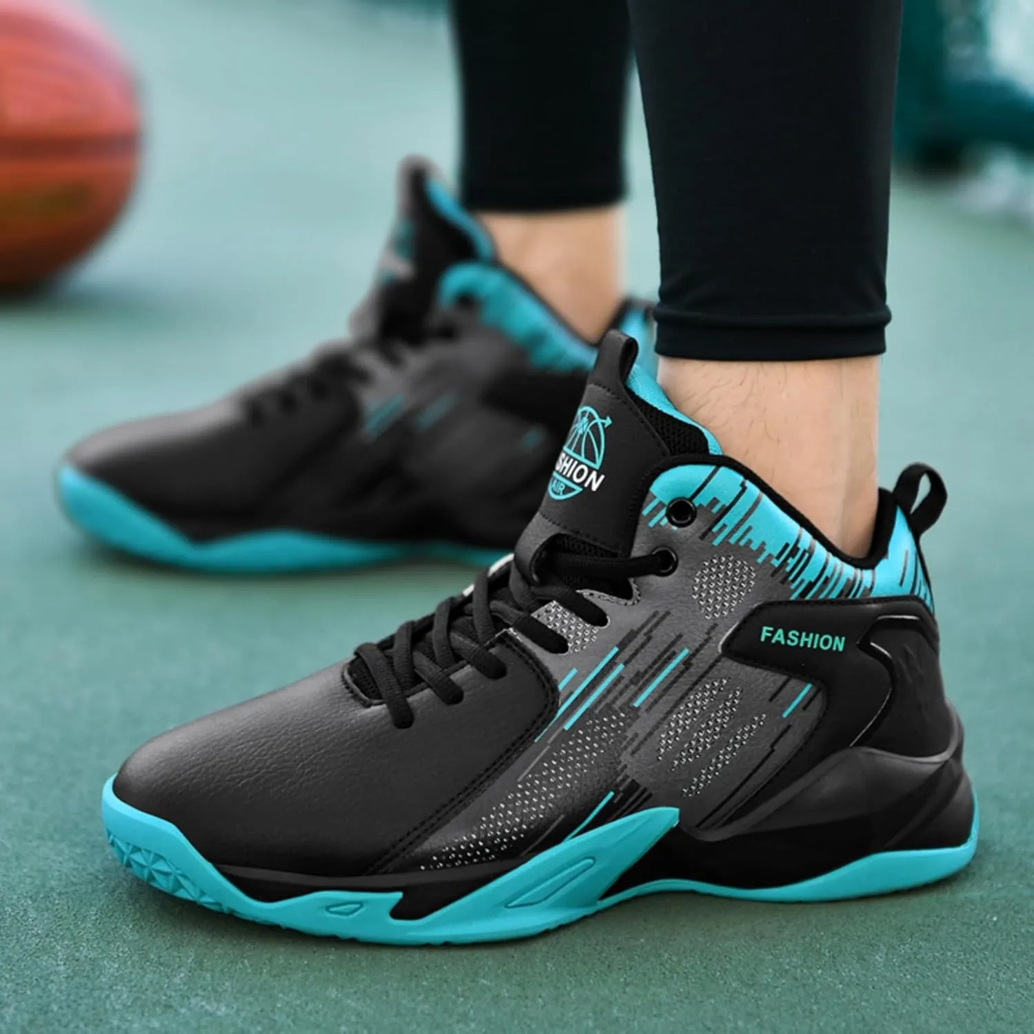 Men's Lace Up Breathable Leather Cushioning Basketball Shoes Fashion High-Top Non-Slip Sneakers Casual for Gym Sports Tennis Jogging Running Walking
