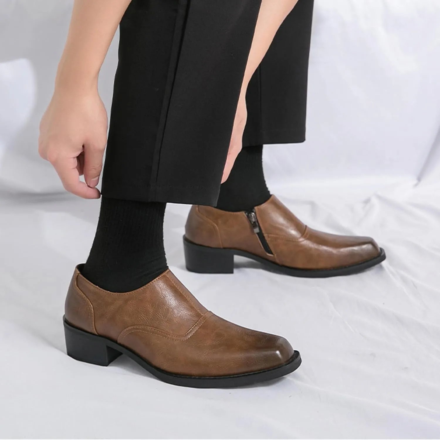Men's Leather Block Heel Loafers with Side Zipper Square Toe Comfort Slip-On Non-Slip Chunky Heel Casual Shoes Business Work Office Dress Shoes