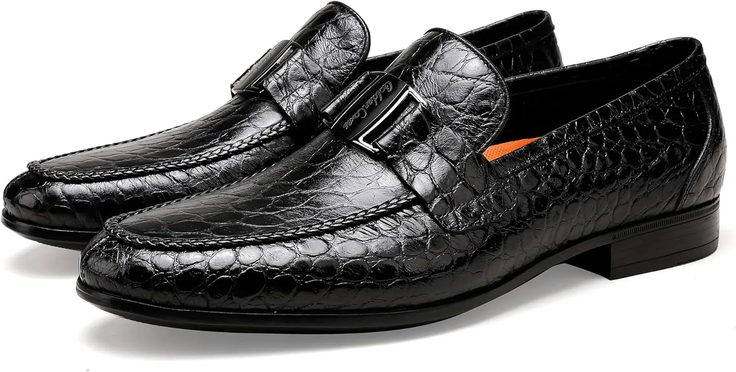Mens Leather Penny Loafers, Classic Crocodile Printed Business Dress Shoes with Metal Buckle Slip on Penny Shoes for Mens