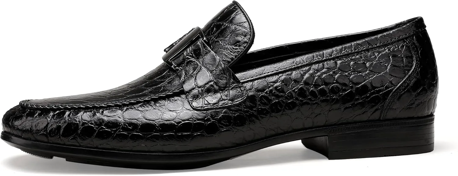 Mens Leather Penny Loafers, Classic Crocodile Printed Business Dress Shoes with Metal Buckle Slip on Penny Shoes for Mens