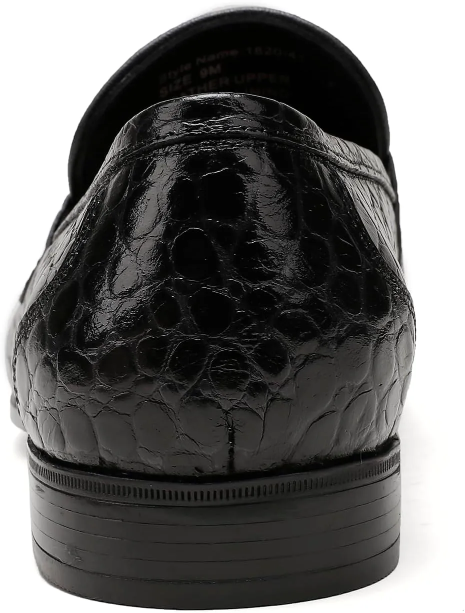 Mens Leather Penny Loafers, Classic Crocodile Printed Business Dress Shoes with Metal Buckle Slip on Penny Shoes for Mens