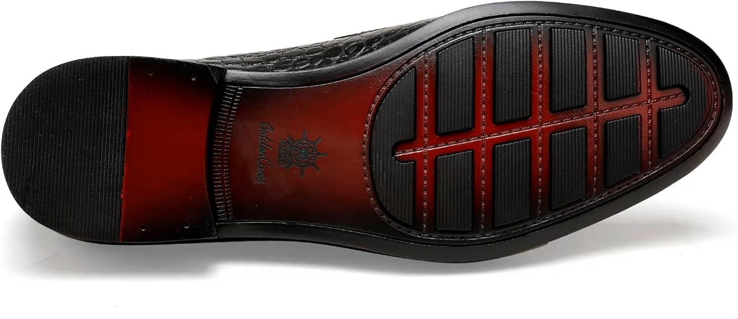 Mens Leather Penny Loafers, Classic Crocodile Printed Business Dress Shoes with Metal Buckle Slip on Penny Shoes for Mens