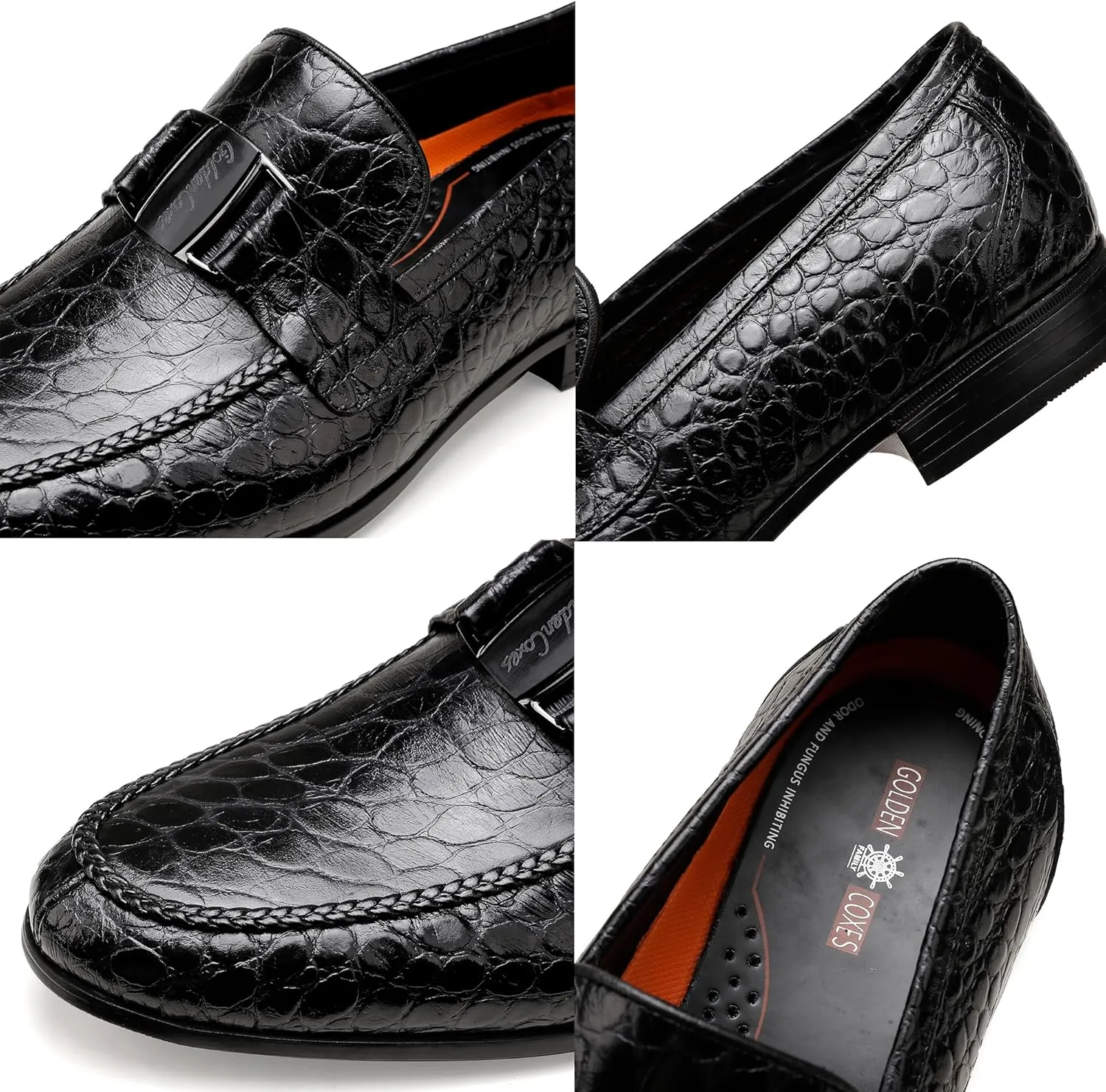 Mens Leather Penny Loafers, Classic Crocodile Printed Business Dress Shoes with Metal Buckle Slip on Penny Shoes for Mens