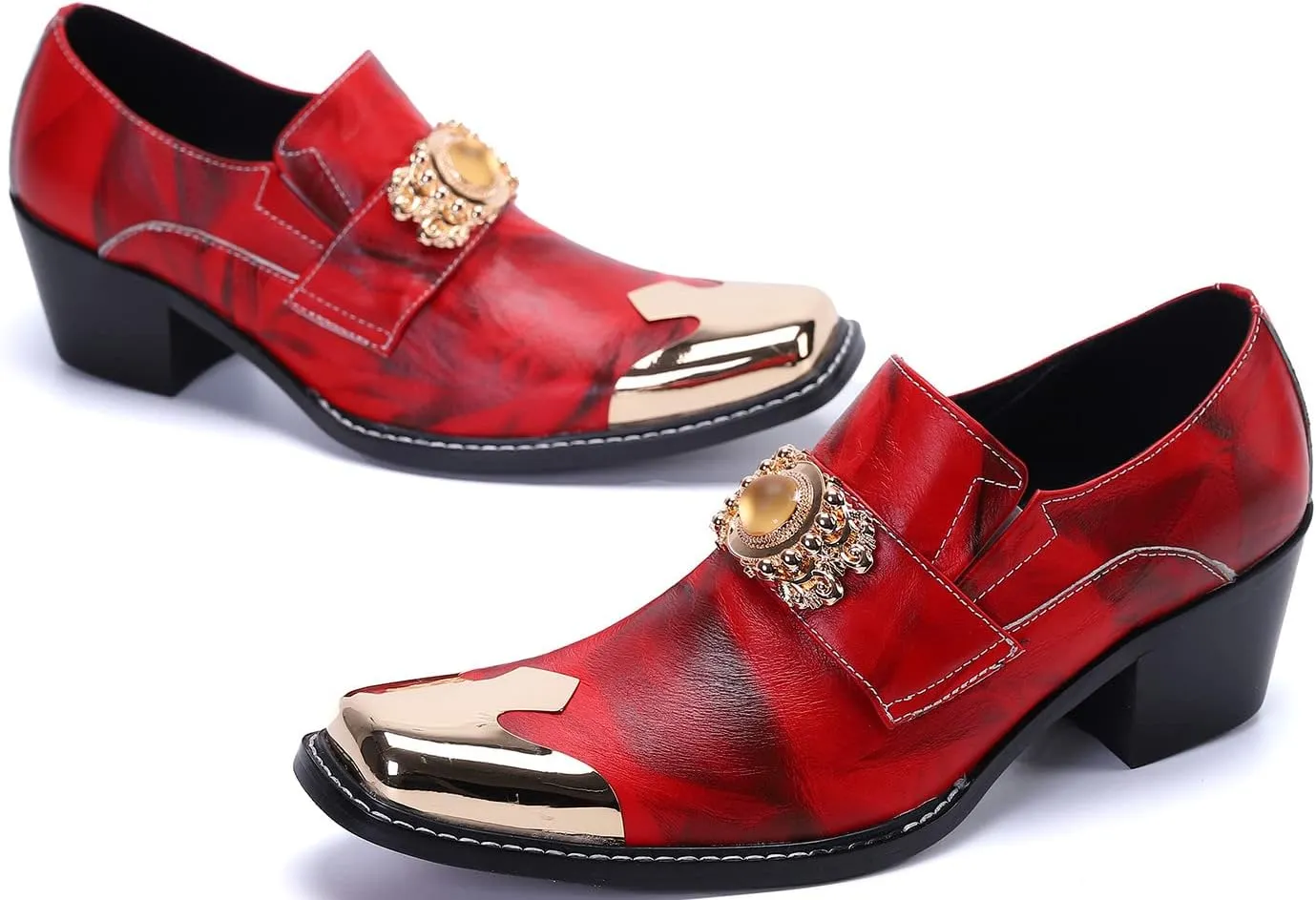Mens Loafers Casual Dress Tuxedo Slip On Mocassins Yellow Gemstone Metal Square-Toe Genuine Leather Heel Penny Loafers Wedding Party Disco Western Cowboy Ballroom Shoes
